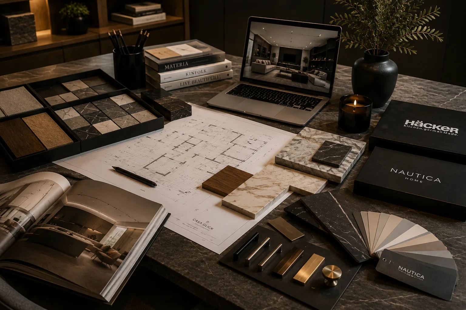 Mesa de trabajo con planos, muestras de materiales y selección de acabados Casa Glick