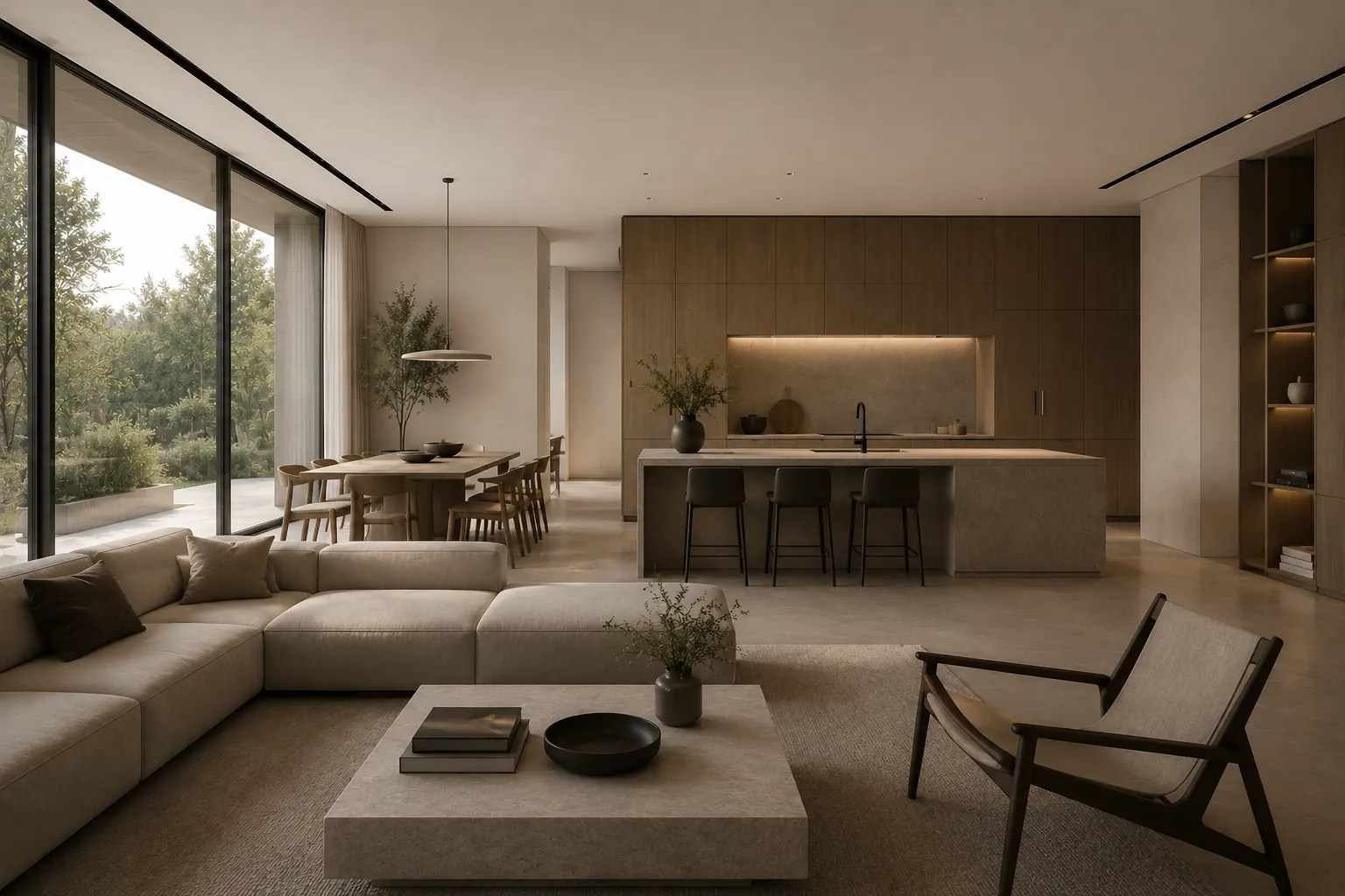 Residencia contemporánea con sala, cocina integrada, carpintería cálida y ventanales al jardín